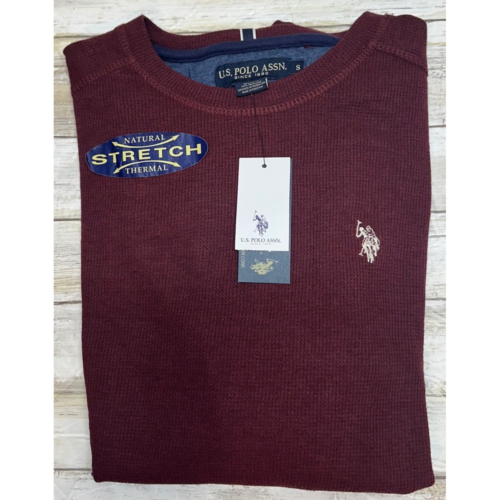 US Polo Assn Mens Thermal Shirt Burgundy Long Sleeve Waffle Knit Crewneck Small